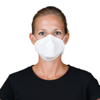 Portrait of a woman wearing a protective face mask, isolated on transparent background, emphasizing health and safety measures during pandemic times png