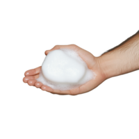 Hand holding a fluffy white soap foam on transparent background showcasing cleanliness and hygiene in everyday life png