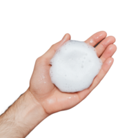 Hand holding white soapy foam bubble on a transparent background representing cleanliness and hygiene png