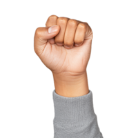Close-up of a hand with a clenched fist symbolizing strength and empowerment against a transparent background, ideal for concepts of unity, determination, and perseverance in personal and professional contexts. png