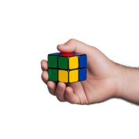 mão segurando uma parcialmente resolvido rubik's cubo com colorida lados contra uma transparente fundo simbolizando Solução de problemas e desafio png