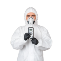 Scientist in protective suit holding air quality monitor for environmental analysis on transparent background png