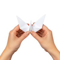 Hands holding an origami paper butterfly on a transparent background, symbolizing creativity, craftsmanship, and artistic expression through paper folding art png