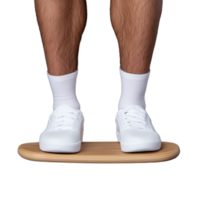 Close-up view of feet in white sneakers standing on a wooden balance board, emphasizing balance and fitness on a transparent background png