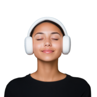 Serene woman enjoying music with headphones on a transparent background, eyes closed and smiling peacefully, conveying relaxation and contentment. Perfect for illustrating calm, leisure, or audio concepts in various projects. png