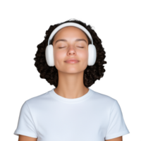 Smiling young woman with headphones enjoying music on transparent background, feeling relaxed and content. Perfect for concepts of meditation, joy, audio technology, and personal relaxation in a diverse context. png