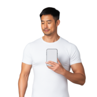 Young man in a white t-shirt holding a smartphone with a blank screen on a transparent background, showcasing modern technology and communication. Ideal for digital marketing, app development, and tech-related content. png
