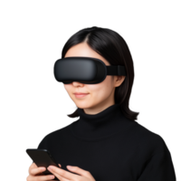 Young woman experiencing virtual reality with VR headset while using a smartphone, isolated on a transparent background, illustrating modern technology and immersive digital experiences. png
