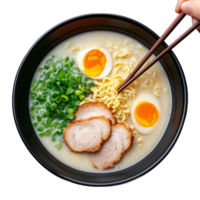 Delicious bowl of Japanese ramen with noodles, sliced pork, soft boiled egg, and green onions on a transparent background png