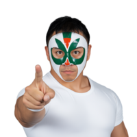 Lucha libre wrestler in colorful mask points confidently on transparent background png