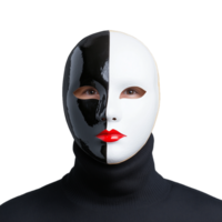 Dramatic black and white half mask with bold red lips emphasizing duality and mystery on a transparent background png
