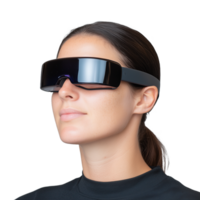 Woman wearing futuristic virtual reality headset with reflective visor on a transparent background, showcasing modern technology and digital exploration, perfect for cyber themes and innovative tech concepts png