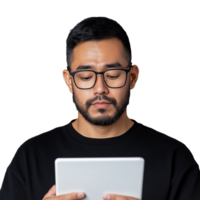 Focused man wearing glasses using a tablet on a transparent background, depicting modern technology and concentration png