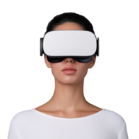 Woman immersed in virtual reality, wearing VR headset on a transparent background, exploring futuristic technology and innovation in a modern, digital environment. png