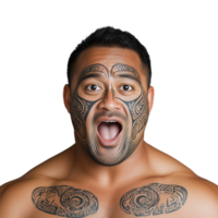 Surprised man with intricate facial tattoos expressing shock on a transparent background, showcasing cultural expression and authenticity png