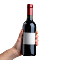 Close-up of a hand holding a wine bottle with a blank label for design on a transparent background png