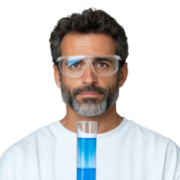 Scientist wearing protective goggles holding a test tube filled with blue liquid on a transparent background, representing scientific research and experimentation in a laboratory setting, focusing on safety and precision. png