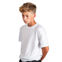 A thoughtful young boy in a casual white t-shirt, with a focused expression, standing on a transparent background, representing contemplation and introspective feelings. png