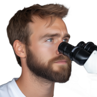 Young bearded scientist using microscope for research on a transparent background. Focused expression indicates concentration and dedication to scientific study and discovery. png