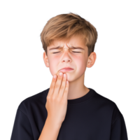 Young boy holding his cheek with a pained expression suggesting toothache or dental discomfort on a transparent background. png