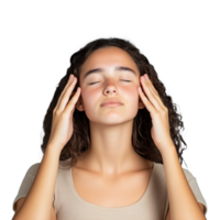 Young woman practicing relaxation technique with eyes closed, focusing on mindfulness and calmness, isolated on transparent background png