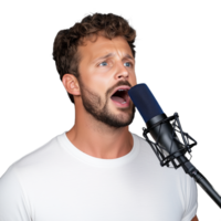 Man singing into a microphone with expressive emotion on a transparent background, showcasing vocal talent and performance skills png