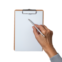 Hand holding a pen ready to write on a blank clipboard with transparent background, symbolizing creativity and planning. Perfect for illustrating productivity, note-taking, and business concepts in isolated settings. png