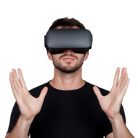 Man experiencing virtual reality with headset and hands raised, isolated on transparent background png