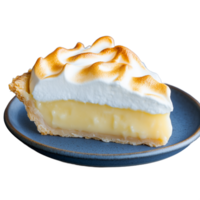Delicious slice of lemon meringue pie with toasted topping png