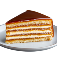 Delicious caramel layer cake slice on a ceramic plate png