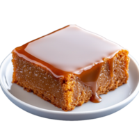 Gooey caramel dessert slice on a round plate with transparent background png