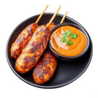 Delicious grilled chicken skewers with spicy sauce on a plate png