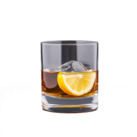 Glass of whiskey with ice cubes and lemon slice on transparent background png