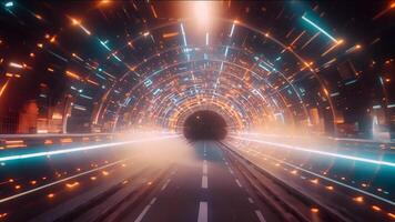 A futuristic tunnel pulsates with vibrant colors and abstract patterns, symbolizing the rapid advancement of technology. video