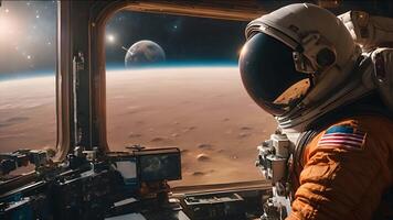 männlich Astronaut im ein Orange Raumanzug erforscht das Galaxis von seine Raumschiff, einschiffen auf ein Mission zu aufdecken das Geheimnisse von Raum. video