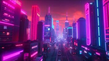 Futuristic city pulses with vibrant neon lights, casting a colorful glow on sleek architecture and bustling streets. This cyberpunk-inspired scene captures the energy of a thriving metropolis video