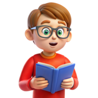 3D Cartoon Boy Reading a Book With Enthusiasm png