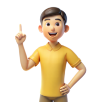 Smiling Cartoon Man Pointing Upwards With One Finger in a Yellow Shirt png
