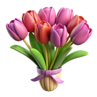 Colorful 3D Rendered Bouquet of Pink and Orange Tulips With a Pink Ribbon png