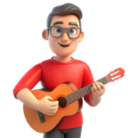 animado 3d hombre con lentes jugando guitarra, sonriente alegremente, en transparente antecedentes png