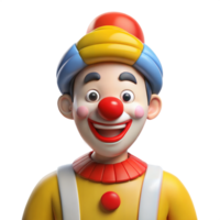 Animated 3D clown with colorful costume and red nose, smiling joyfully, on transparent background png