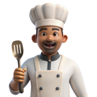 Animé 3d Masculin chef dans blanc uniforme et chapeau, en portant une spatule, souriant largement, sur transparent Contexte png