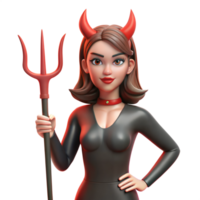 Animated 3D woman in devil costume with horns, holding a pitchfork and smiling, on transparent background png