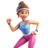 Animated 3D woman in exercise clothes, smiling confidently while posing, on transparent background png