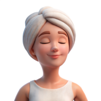 Animated 3D woman with white towel wrapped on head, relaxing with eyes closed, on transparent background png