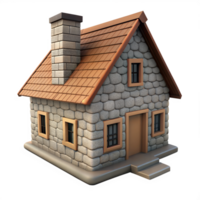 Animated 3D stone house with a chimney, isolated on transparent background png