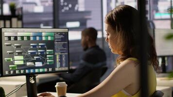 IT employee coding in programming languages to construct algorithms and build applications. Software technician developing and maintaining databases and data structures in office, camera A video