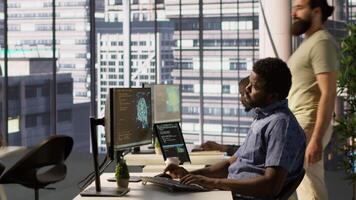 Tired admin stretches limbs while using PC for artificial intelligence computing simulating human brain. Fatigued worker relaxing back, feeling strained after working with AI neural networks, camera A video