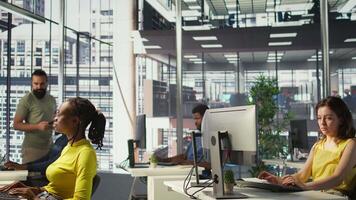 Worker sitting at office desk using computer during job shift, looking through online financial business documents. Company employee in workspace doing tasks on PC, being productive, camera B video
