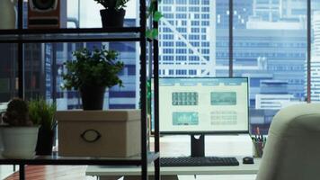 Professional high end office environment designed for business success, business people can collaborate and analyze data on screens. Planning enterprise growth with cutting edge technology. video